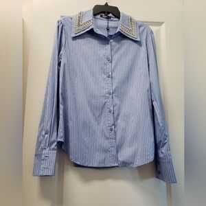 Blue Striped Button Down Shirt with Embellished Collar